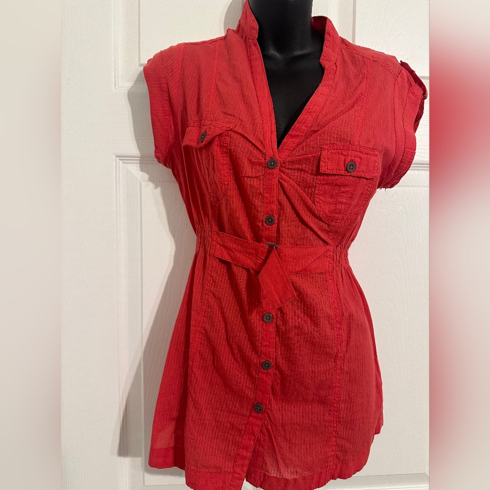 Bershka Red Button Down Tunic with Collar